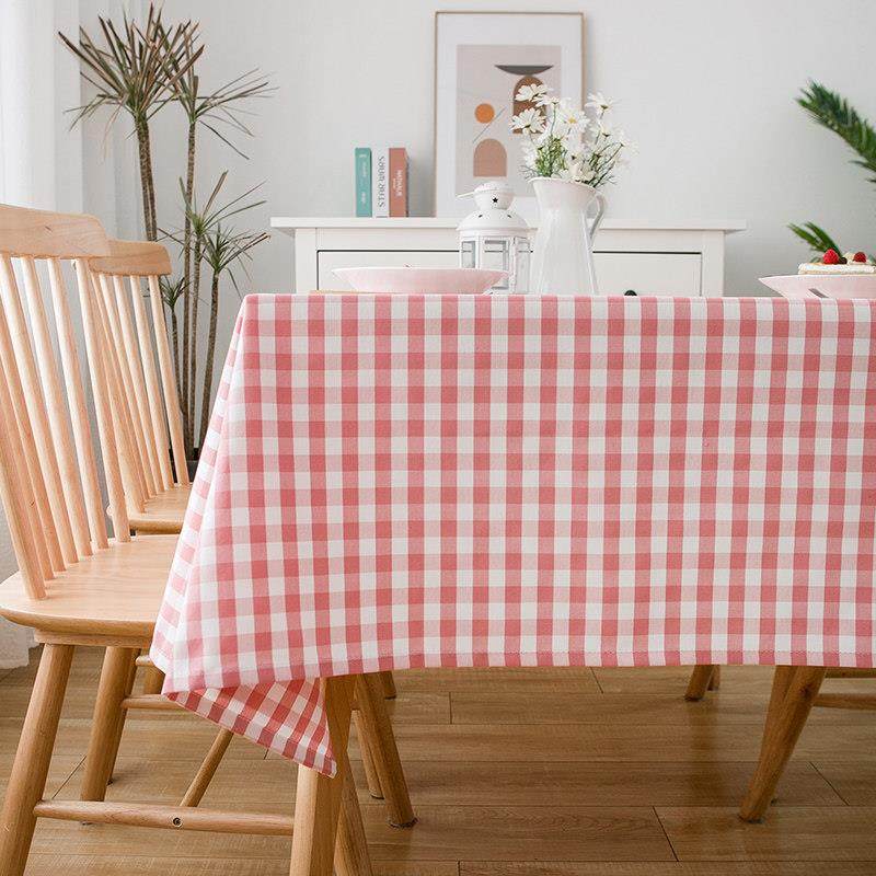 粉色格子桌布棉麻布艺小清新家用现代风少女餐桌布茶几电视柜盖布