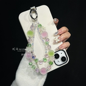 原创水晶手机链超仙气粉绿磨砂珠水晶精致挂链高颜值清新手链轻奢