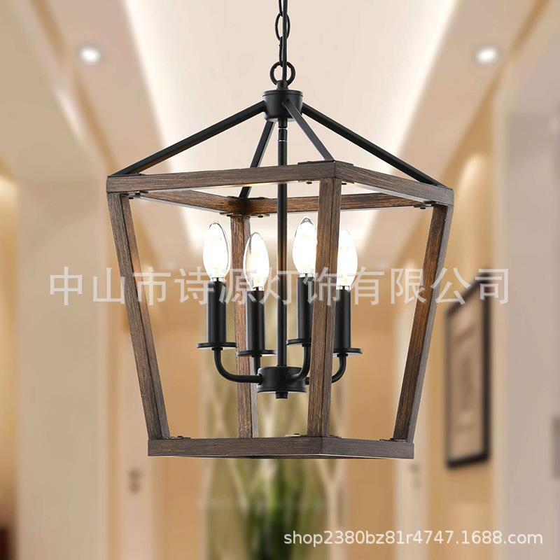 跨境美式简约方形木艺吊灯阳台创意设计师复古餐厅楼道入户玄关灯