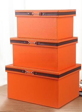 家用储物箱整理箱特大号皮质样板房装饰摆件橙色衣柜衣帽间收纳箱