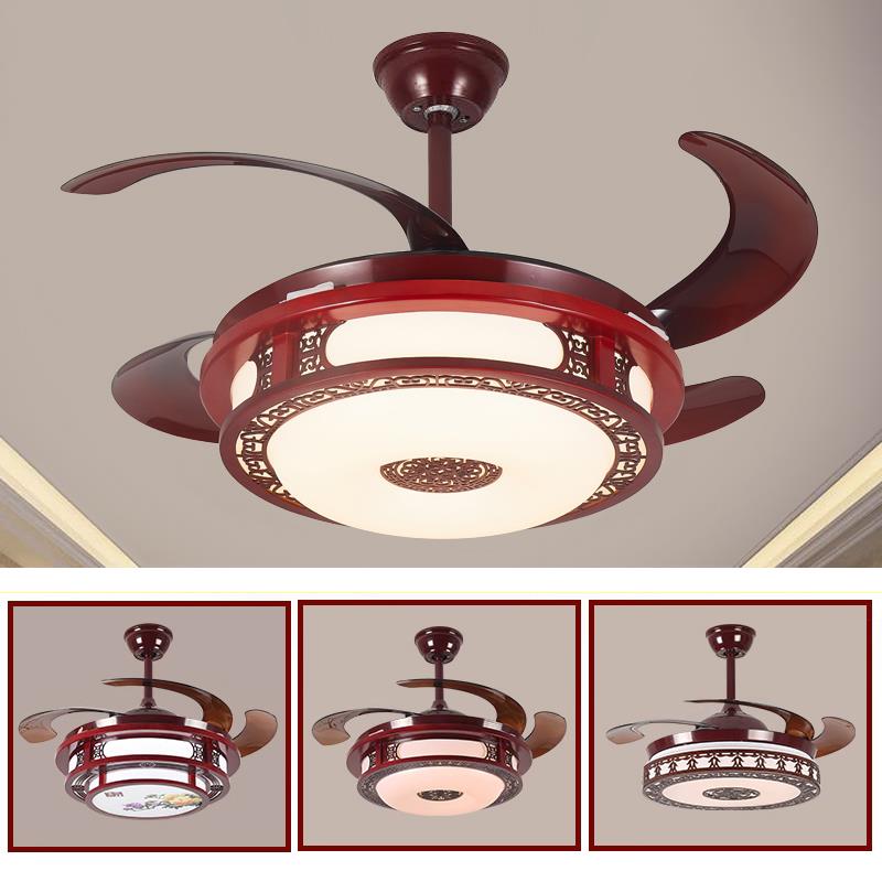 新中式隐形带风扇吊灯餐厅吊扇灯客厅卧室电风扇家用实木复古灯具