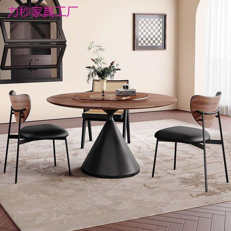 复古风实木圆形餐桌古风胡桃木拼花餐桌椅组合小户型家用极简圆桌