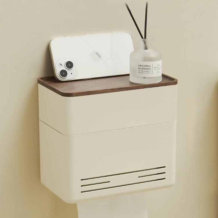 卫生间厕纸盒免打孔奶油风壁挂式厕所卷纸架实木纸巾抽纸盒置物架