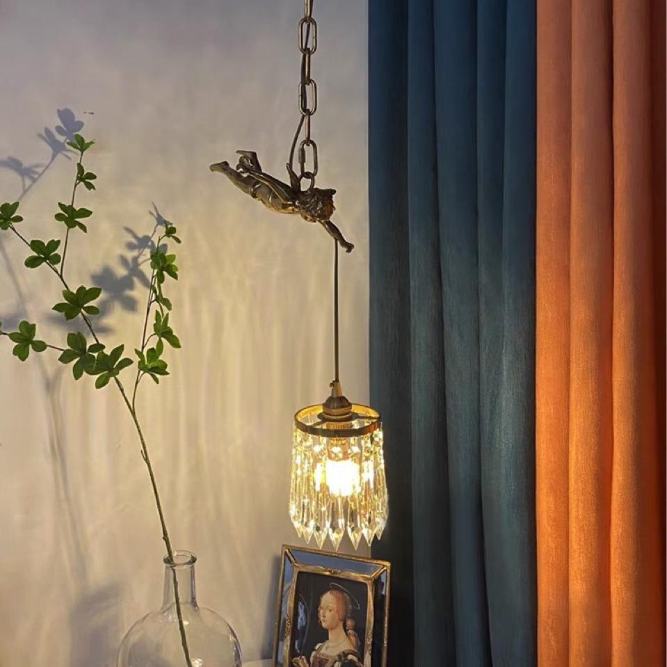 法式吊灯全铜复古天使水晶灯卧室床头Vintage中古餐厅玄关小吊灯
