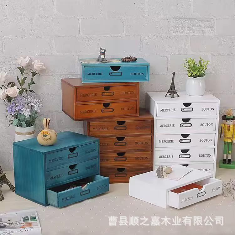跨境桌面木制抽屉便携式质朴的木制收纳盒4个抽屉橱柜组织