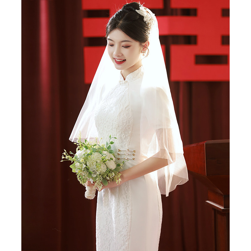 速发中式旗袍订婚小晚礼服鱼尾高级感领证登记连服裙敬新衣酒娘白