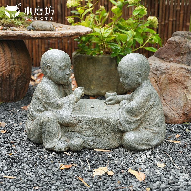 速发花园装饰旗弈下景对开沙弥庭院造棋布置禅意小和尚摆件