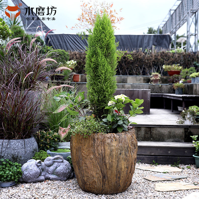 速发创意复古仿根植花器木头多装雕物花盆台造景摆件庭院肉饰品