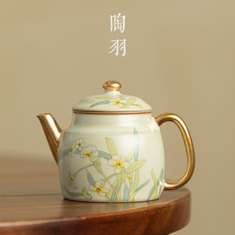 速发米黄汝窑玉个花描金茶壶可茶单壶单兰高档家用功夫茶具开片泡