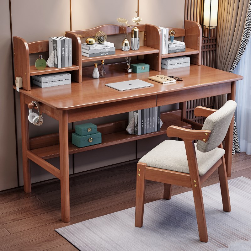 速发实木书桌书架一体台式电脑桌办公桌中小学生家用写字桌卧室学