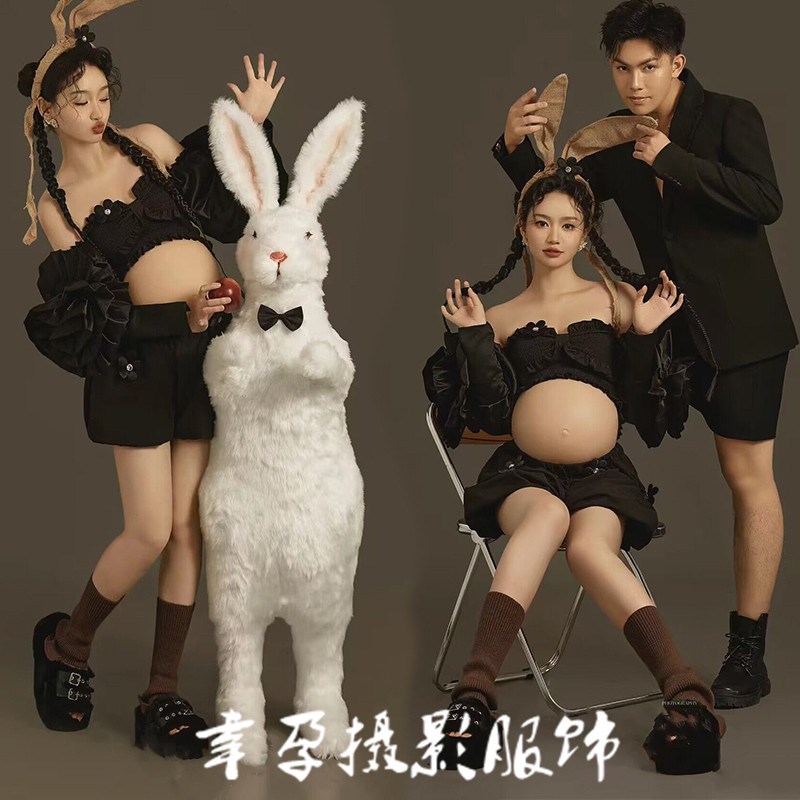 速发影楼情侣孕妇拍照服款新装黑侣孕装套妈甜酷风艺术照摄影服装