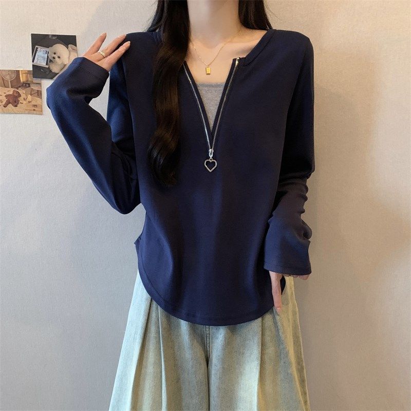 速发大码正肩不规则拉链假两件长袖t宽打底衫微胖妹妹恤松上衣,女装/女士精品,大码内搭,淘宝优惠券,粉丝福利购,淘宝优惠卷