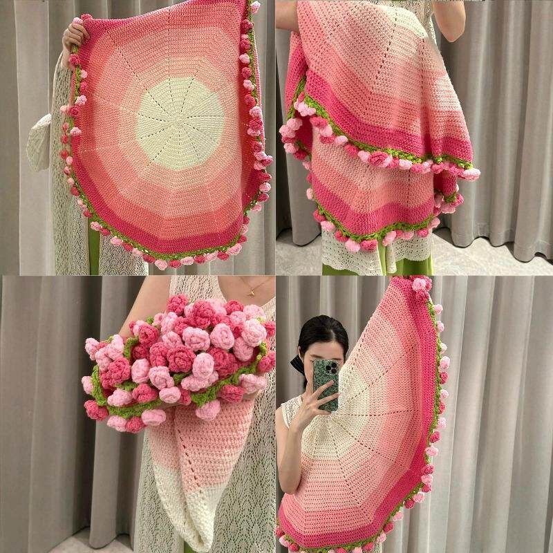 速发玫瑰花渐变毯花束的毯子钩织手织diy毛线针织手工编织自制材