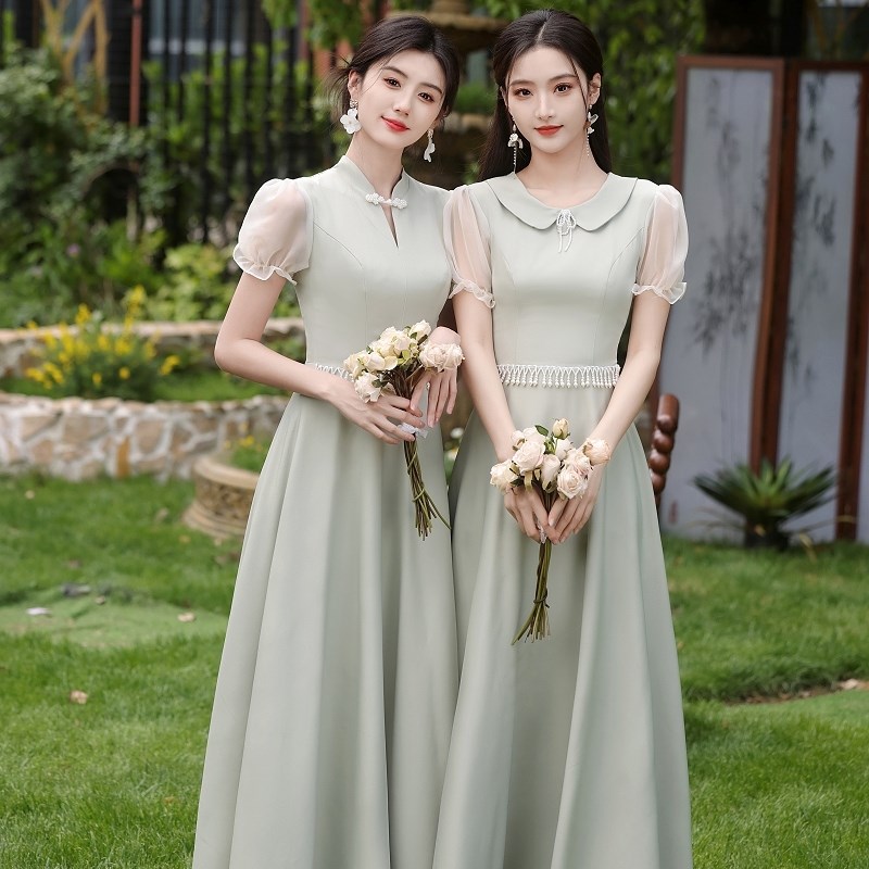速发绿色森系礼服缎面伴娘服202众新款夏主持人平时可穿高级小5妹