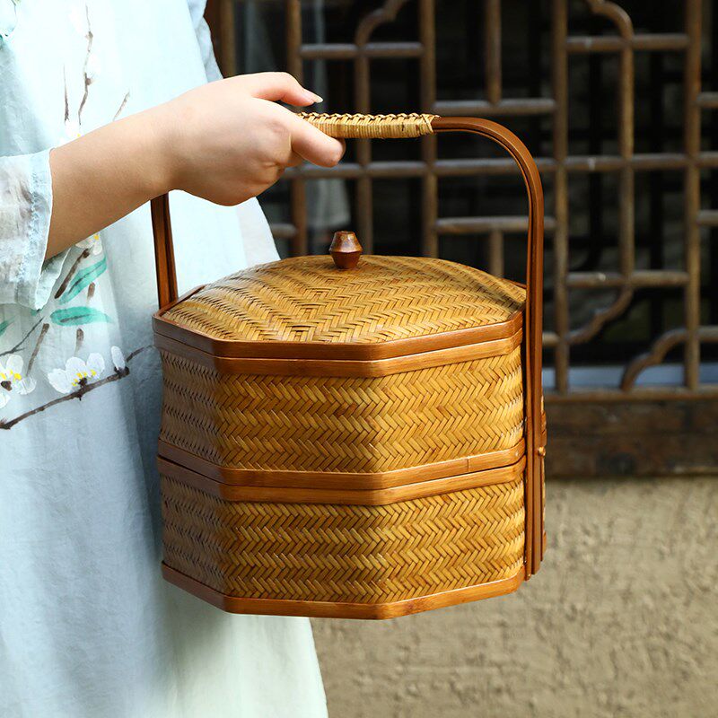 速发手工竹编提篮双层食盒提盒中式复古茶具收纳盒点心月饼礼盒野