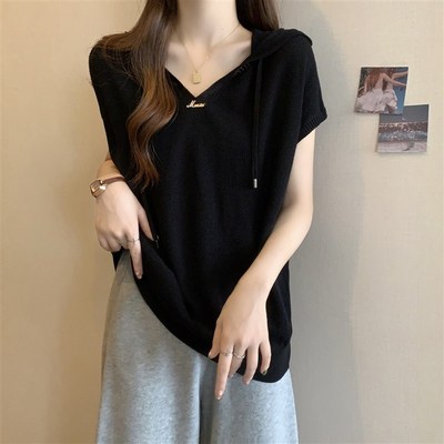 速发韩松大码蝙T袖连帽蝠恤宽版垂感针织衫遮肚子上衣V