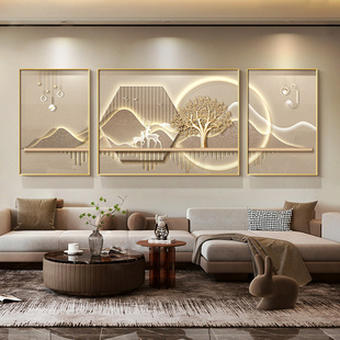速发客厅装饰画福联金山轻鹿大气沙发背景墙挂画简约高级感三奢画