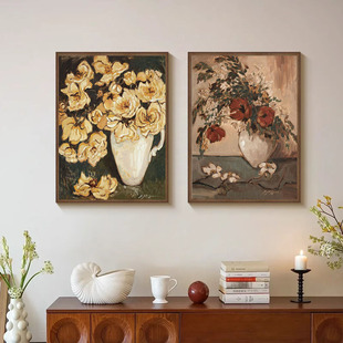 法式美拉德风复古茶花花瓶客厅装饰画中古风文艺花卉书房玄关挂画