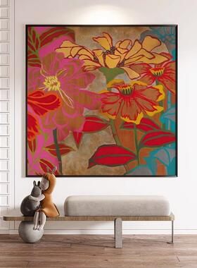 现代轻奢抽象花卉装饰画客厅植物艺术感餐厅红色玄关画方形走廊画