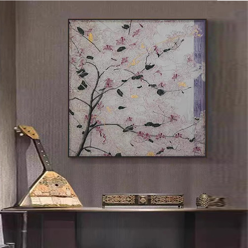 复古唯美花卉淡紫色背景细枝绿叶方形装饰画艺术高级氛围玄关背景图片