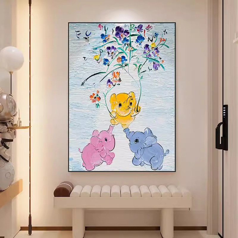 三只小象奶油风卡通动物油画客厅装饰画吉象寓意好儿童房卧室挂画图片