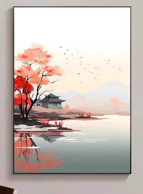 江南晚秋新中式江南水乡风景如画客厅沙发后玄关装饰画背景墙挂画