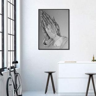 丢勒版画祈祷之手艺术沙发背景墙入户玄关装饰画竖版走廊过道壁画