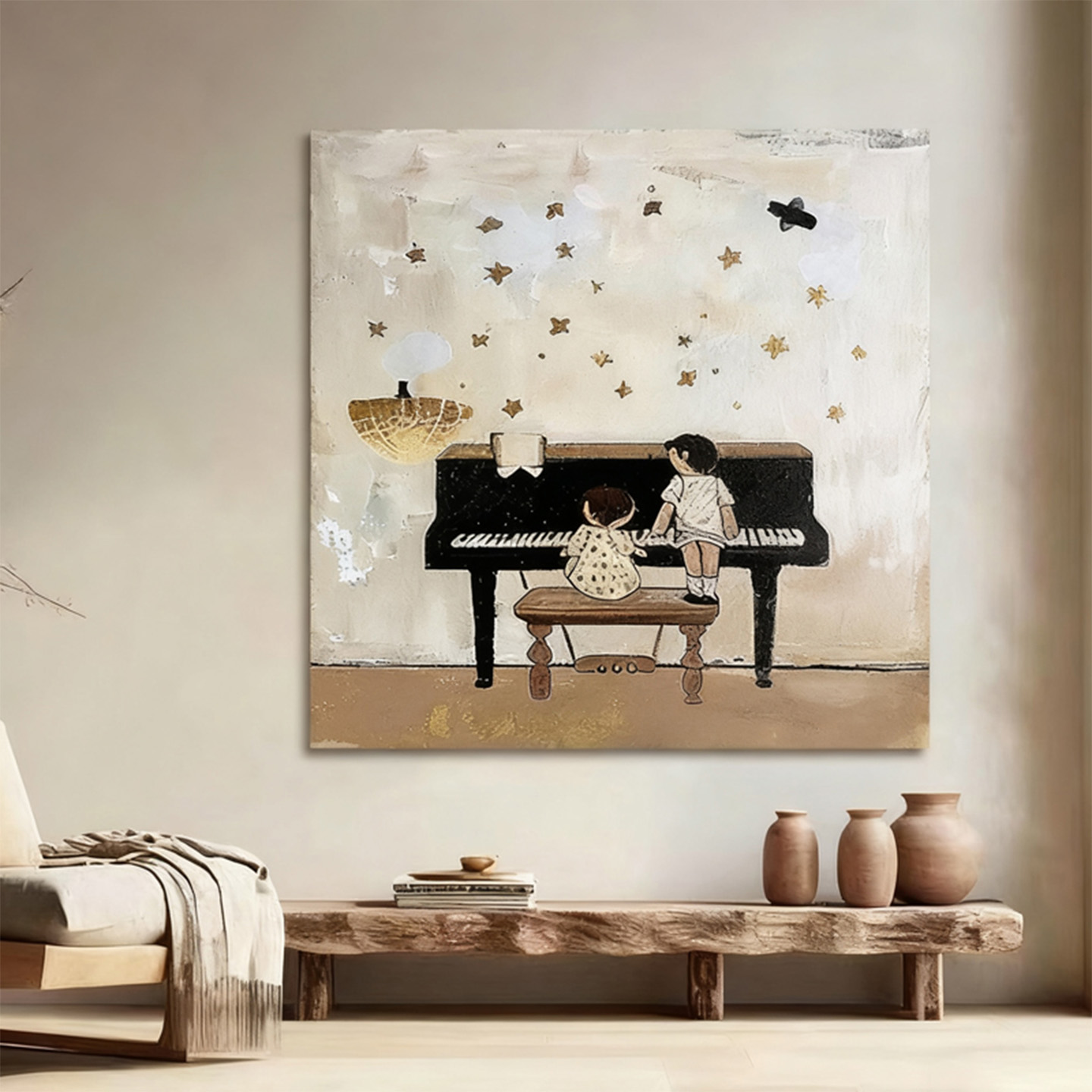 复古肌理感儿童弹钢琴装饰画治愈系艺术画儿童房客厅墙面创意挂画