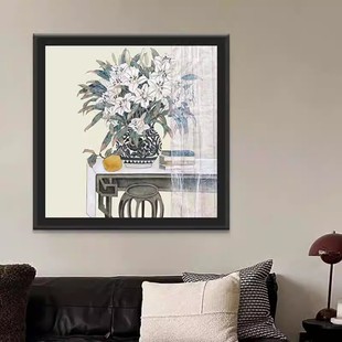 中古风宋代美学茶室摆件静物花瓶装饰挂画白色花卉客厅玄关挂画