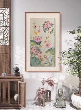 新中国风鲤鱼莲花九鱼图入口装饰画荷叶荷花聚集财富客厅对门挂画