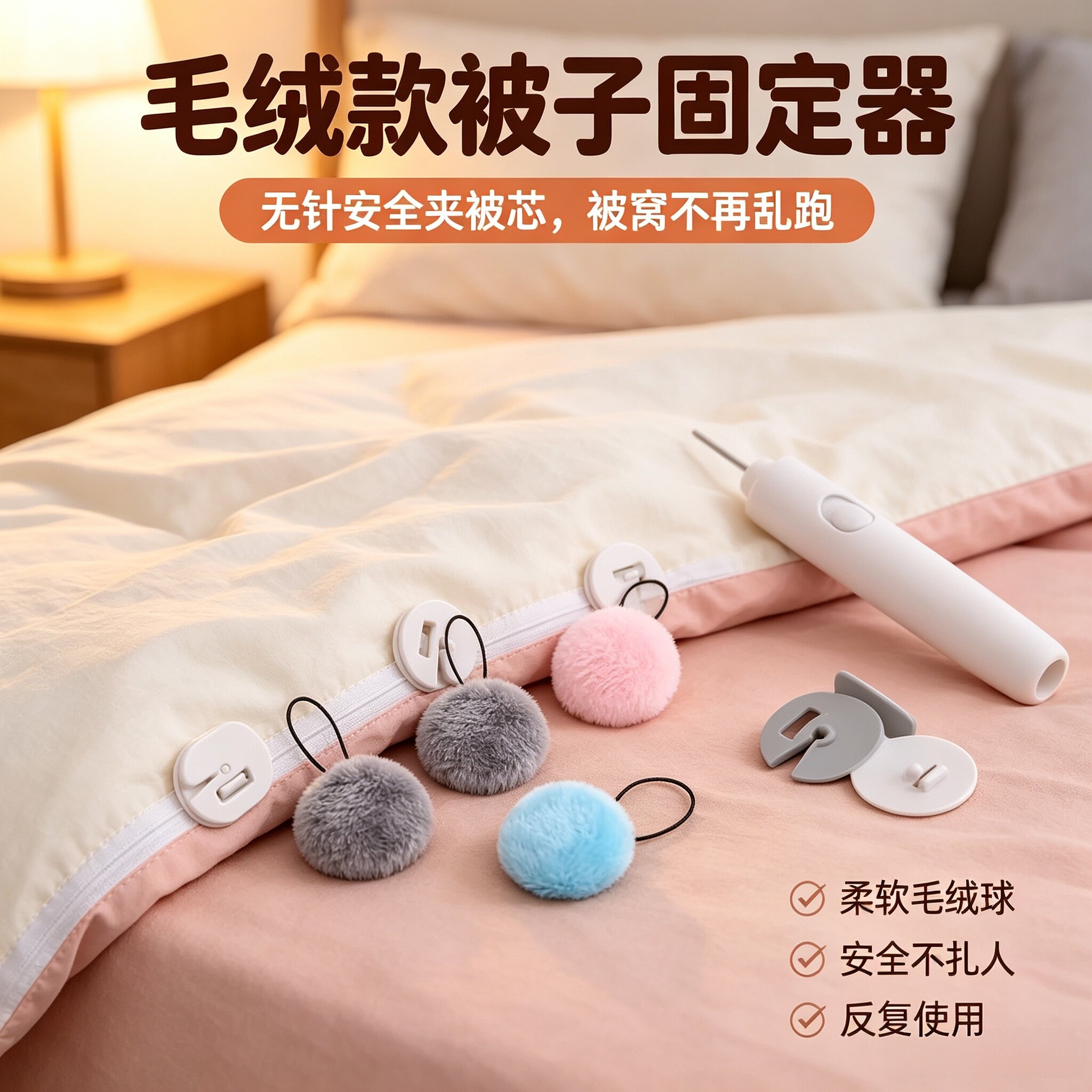 柔软毛绒无针隐形被子固定器