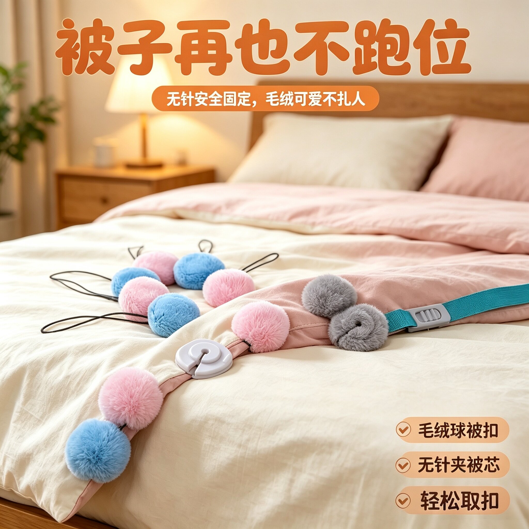 柔软毛绒球无针隐形被子固定器