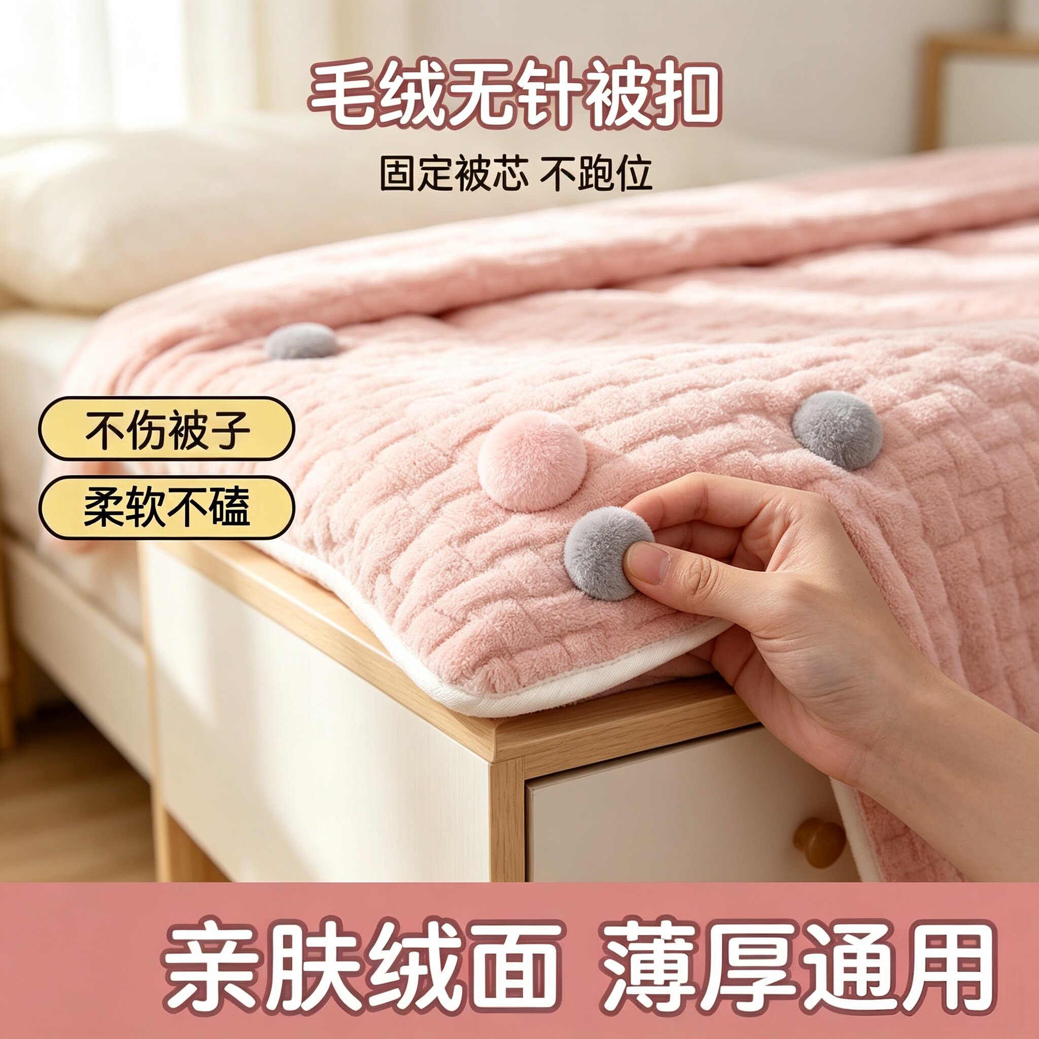 毛绒无针被扣防滑不伤被