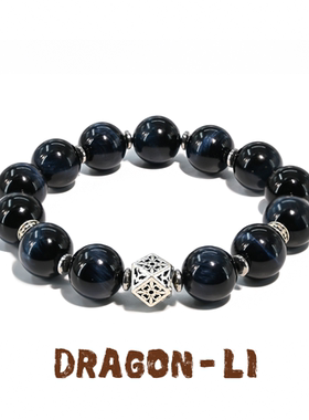 DRAGON LI狸花猫12mm蓝虎眼石银八棱珠情侣配色手串饰品闺蜜礼物