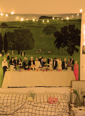 极速绿色卧室g背景布装饰墙布ins风挂毯房间布置租房改造北欧风床