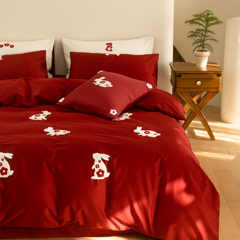 极速100支新疆长绒棉四件套婚庆结婚兔年大红色1.8Um被套床上用品