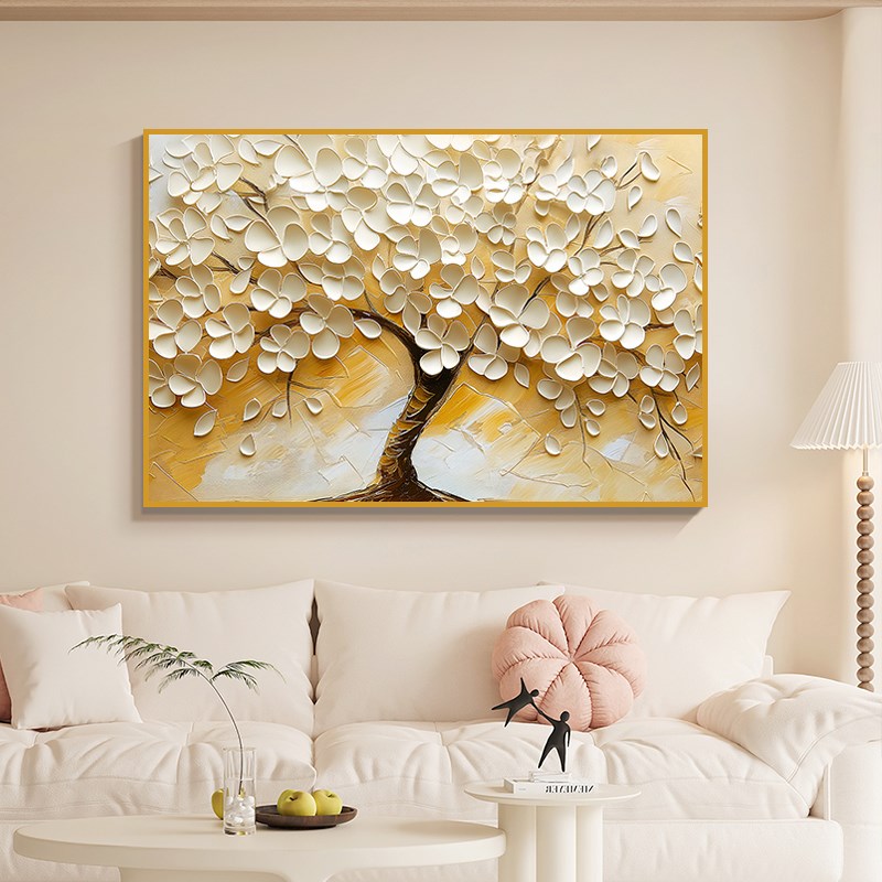 极速发财树客厅沙发背景s墙装饰画奶油风玄关挂画艺术肌理感床头图片