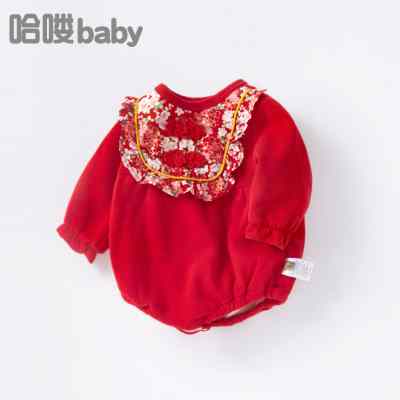 极速新生婴儿新年拜年衣服加绒连体D衣女宝宝满月百天过年喜庆包