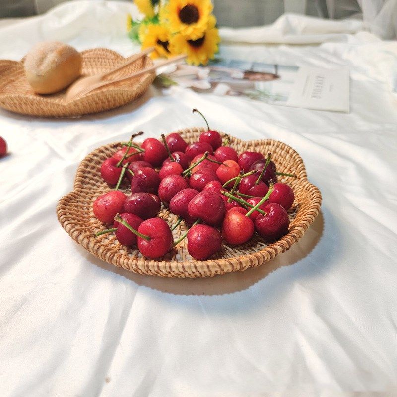 极速秋藤编织果篮收n纳筐糖果零食点心水果盘花边莲花碟大小号居