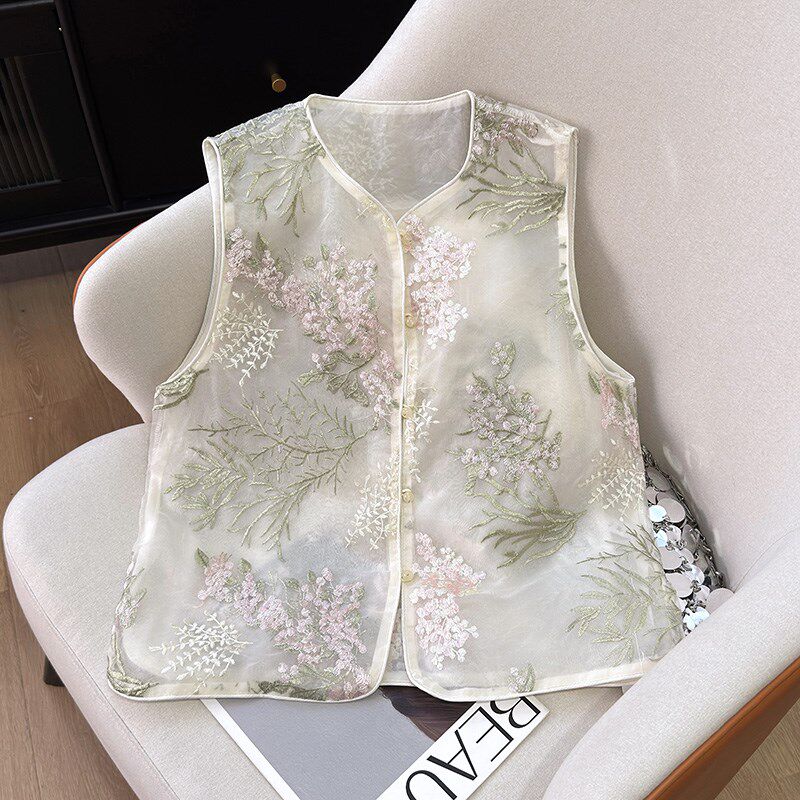 新品欧根纱国风马甲夏季薄款外A搭无袖背心新中式女装刺绣马夹坎