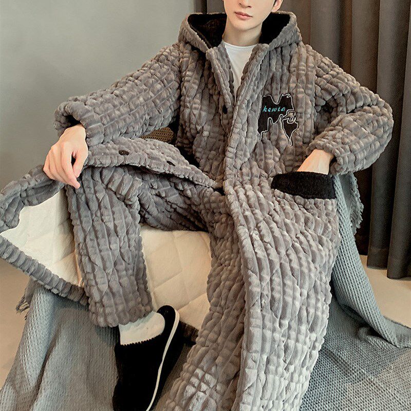 新品男款睡袍珊瑚绒加绒加厚三层夹棉连帽套装冬季保Y暖简约休闲