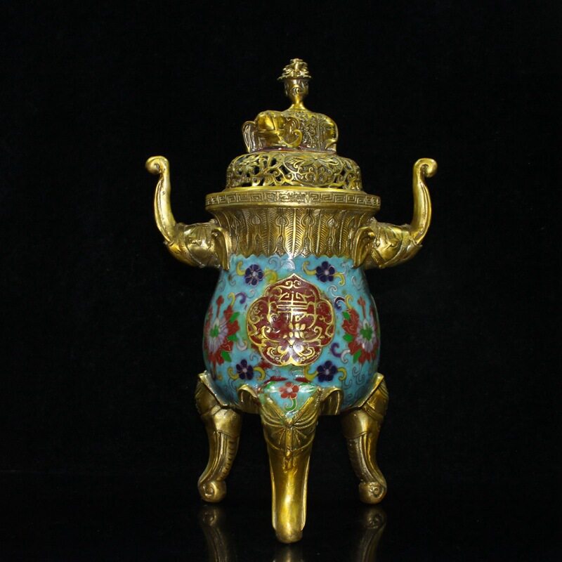 新品纯铜景泰蓝鎏m金五象香炉古董古玩收藏仿古铜制工艺品摆饰