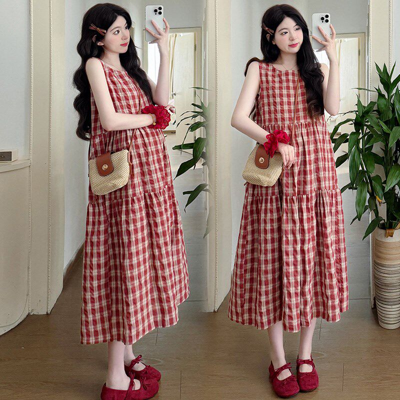 新品夏季b孕妇连衣裙中长款韩版宽松遮肚孕妇装格子背心裙圆领夏