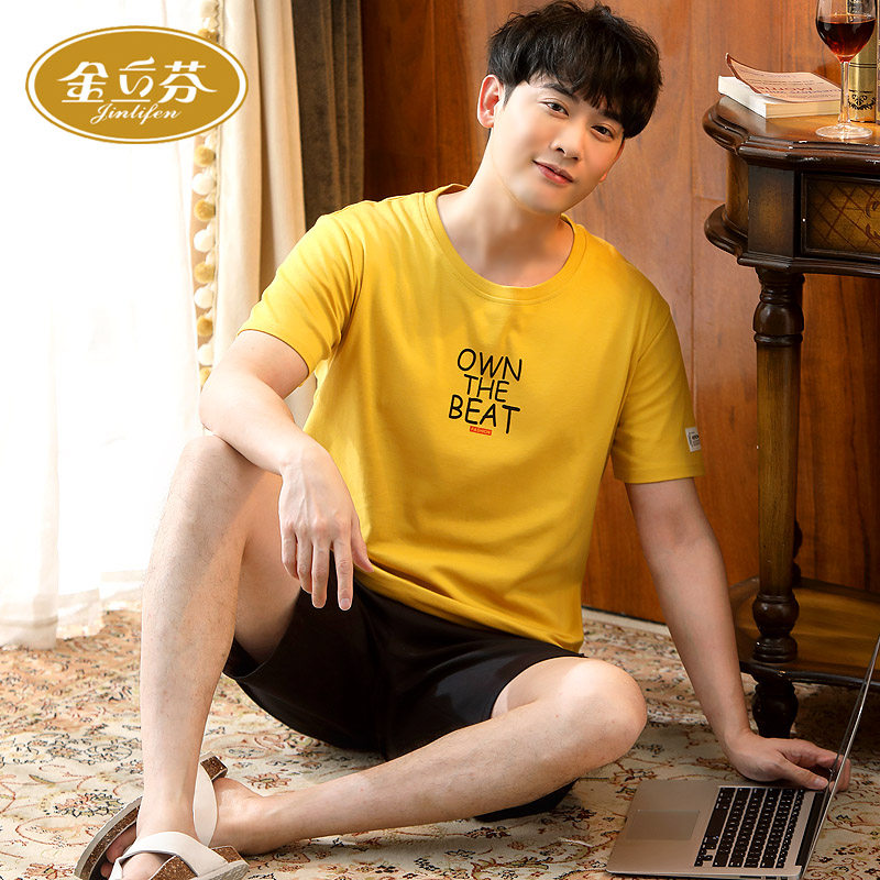 新品男士睡衣短袖纯棉男款全棉男式青年家K居服休闲薄款夏季套装