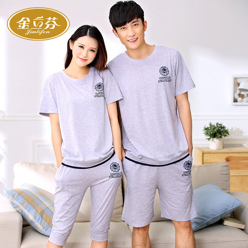 新品情侣睡衣夏季纯n棉短袖七分裤夏女全棉薄款男家居服套装可外