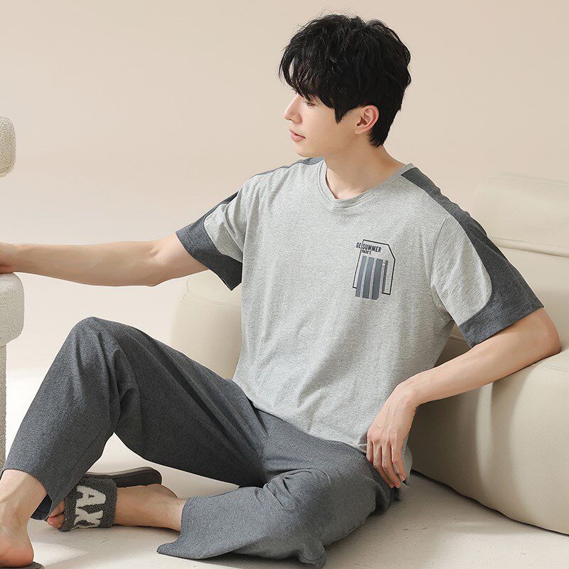 新品20b25新款男士睡衣春夏款纯棉短袖长裤套头青年薄款休闲家居