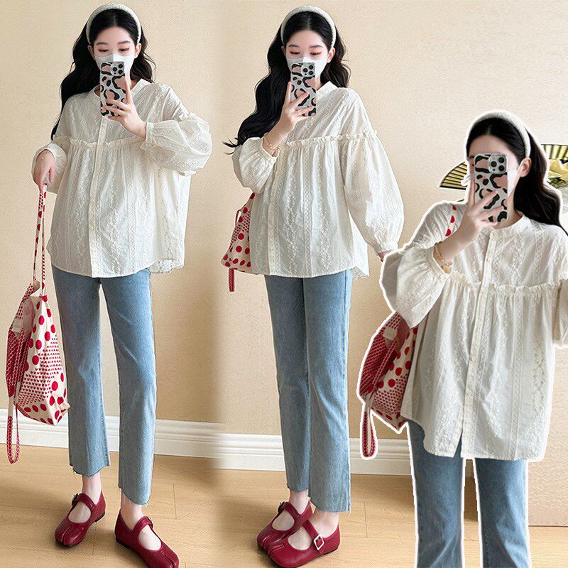 新品2025孕妇春装衬衫中长款洋气减龄韩版上衣宽松U娃娃衫小个子