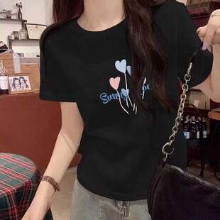 时尚 t恤女夏季 洋气减龄显瘦白色上衣设 正肩n纯棉短袖 极速2025新款