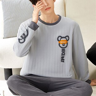 新品睡衣男士春秋款加厚纯棉长z袖秋冬夹棉可外穿冬季空气棉冬款
