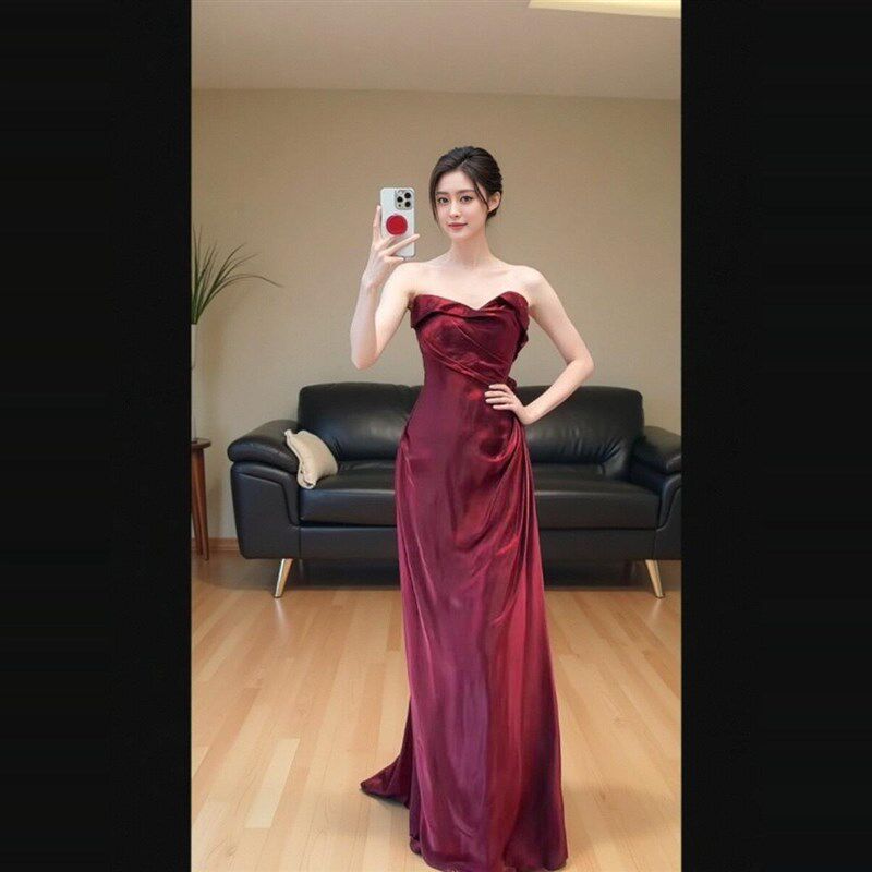 极速晨袍女新娘结婚敬酒服订婚礼服长裙H高端轻奢小众酒红色抹胸